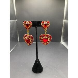 Signed DON LIN Valentines Red Enamel Heart Gold Tone Dangle Clip On Earrings